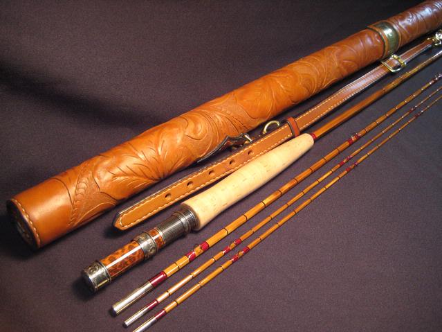 Old 4 Piece Stamped Sukura Bamboo Fishing Rod Wood Handle Rubber Cap Reel  Case